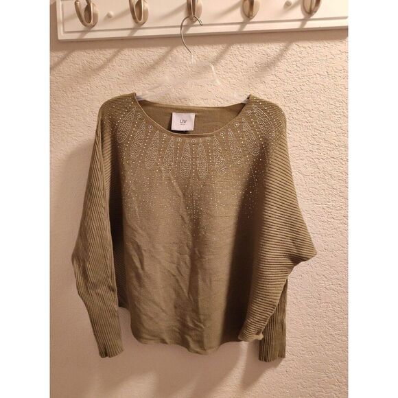 LIV Milano Pullover Sweater Olive Green Rhinestones Women’s XL Viscose Blend - Picture 1 of 6
